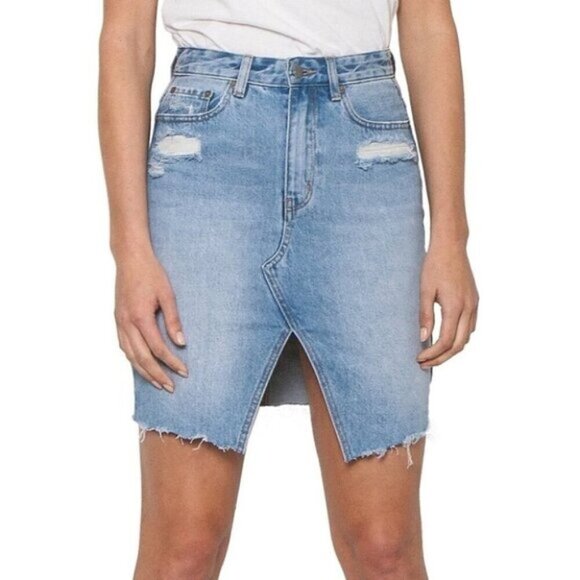 Neon Blonde Denim Jean Mini Skirt Distressed High Waist Light wash Blue Size 25 - Picture 1 of 16